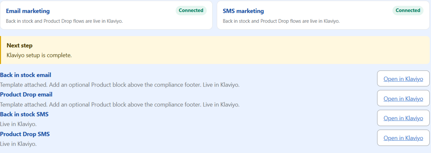 Connections page showing separate Email marketing and SMS marketing statuses and live flow links