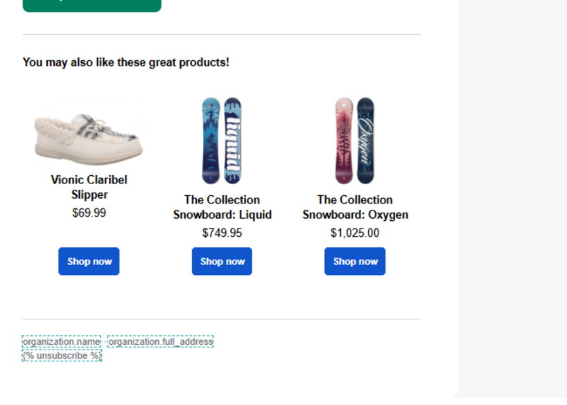 Klaviyo template editor with product recommendations above the address and unsubscribe footer