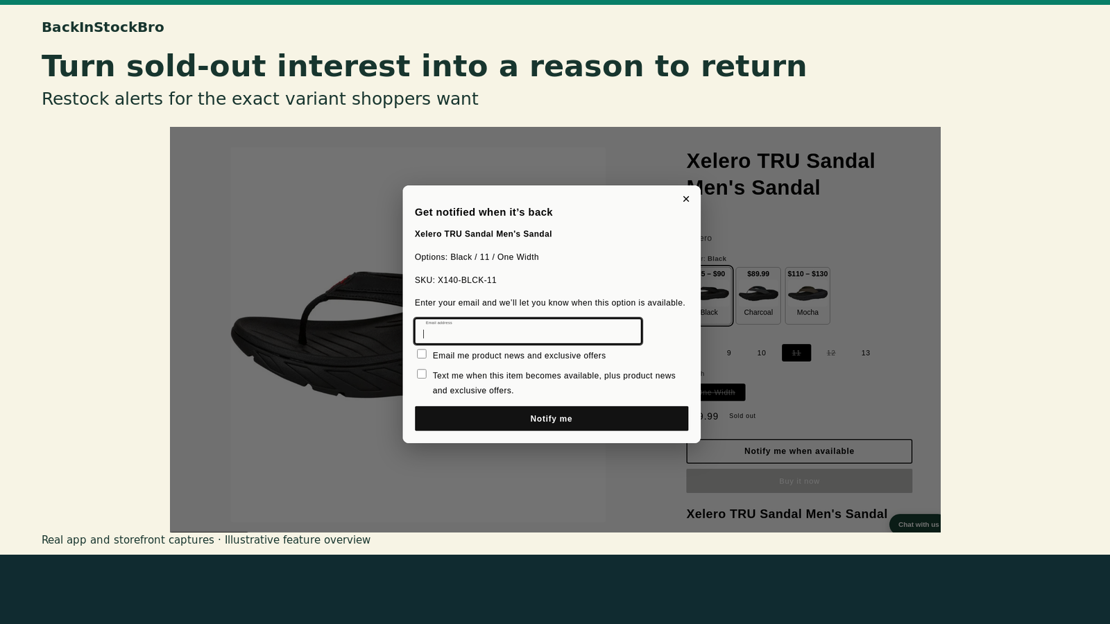 BackInStockBro exact-variant notification overview